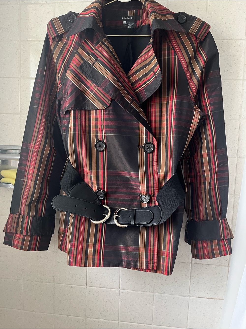 Zara Basic Plaid Double Breasted Trench Coat Belted Size M
